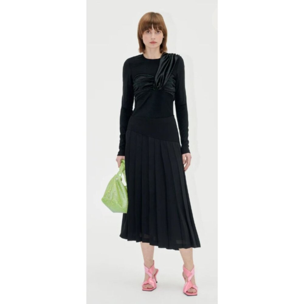 Stine Goya Jacia Black Draped Satin‎ Long Sleeve Top Ruched Detail Medium